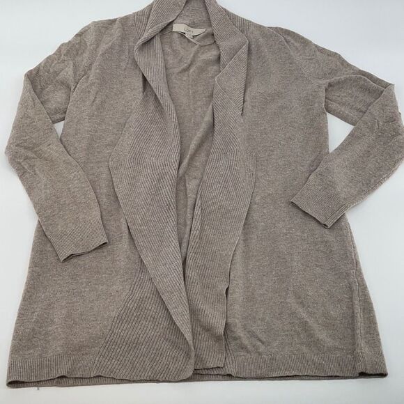 LOFT Womens Cardigan Sweater Open Front Ribbed Long Sleeve Gray Tan Small Petite - Picture 3 of 6